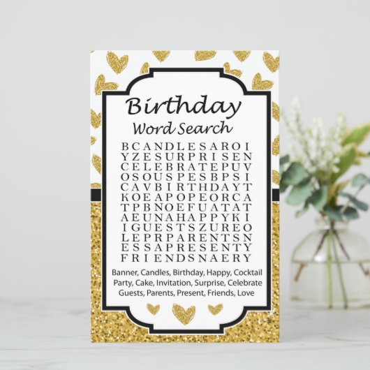 Glitter heart Birthday word search game (Standing Front)