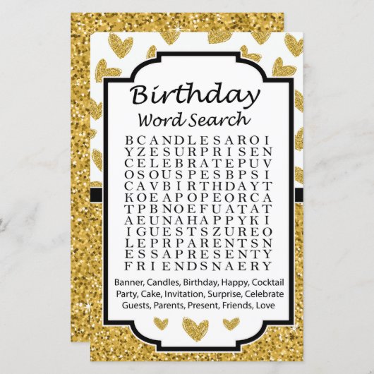 Glitter heart Birthday word search game (Front/Back)
