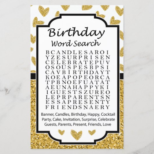 Glitter heart Birthday word search game (Front)