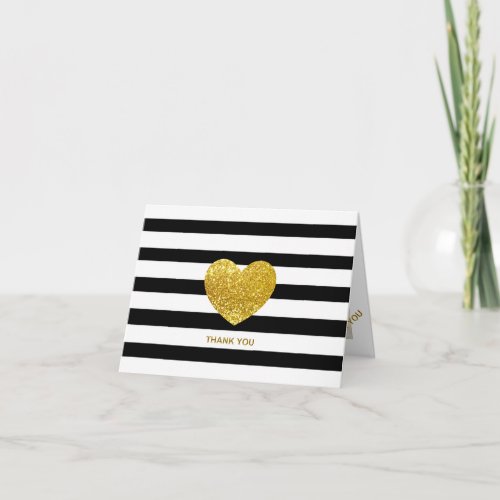 Glitter Heart Black Stripe Wedding Photo Thank You