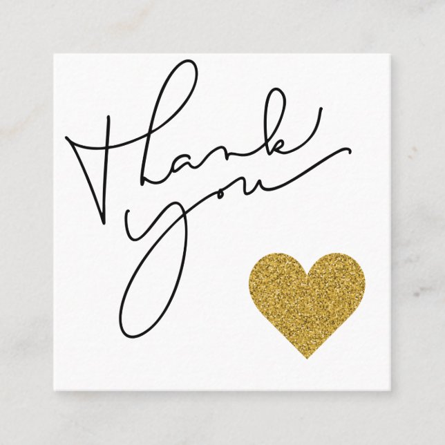 Glitter Heart Calligraphy Discount Thank You Square Business Card (Front)