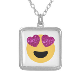 glitter heart eye emoji silver plated necklace