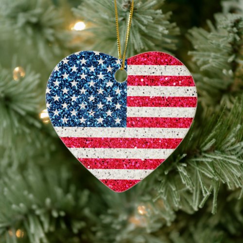    Glitter Heart Patriotic American USA Flag Party Ceramic Ornament