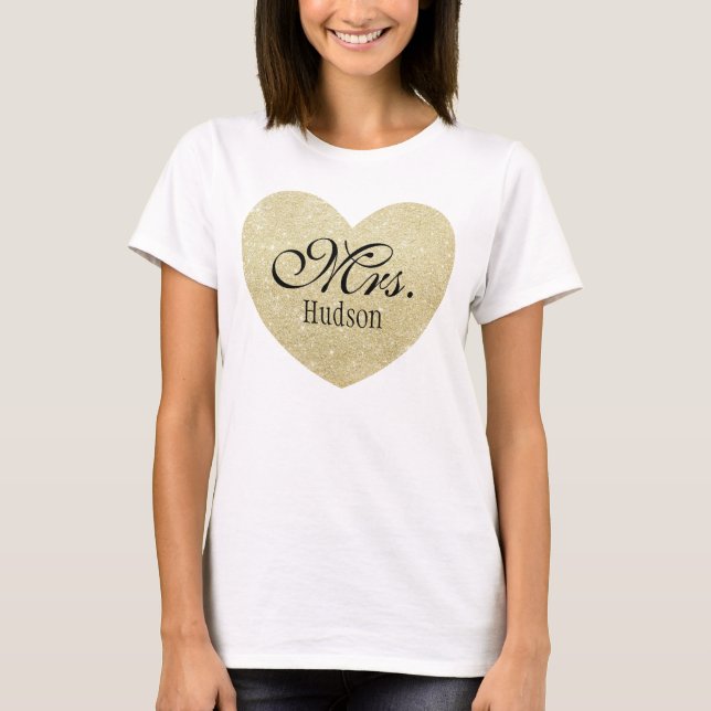 Glitter Heart-Print Personalized Mrs T-Shirt (Front)