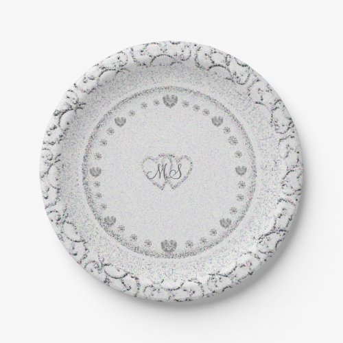 Glitter Hearts Monogram  Wedding Paper Plates