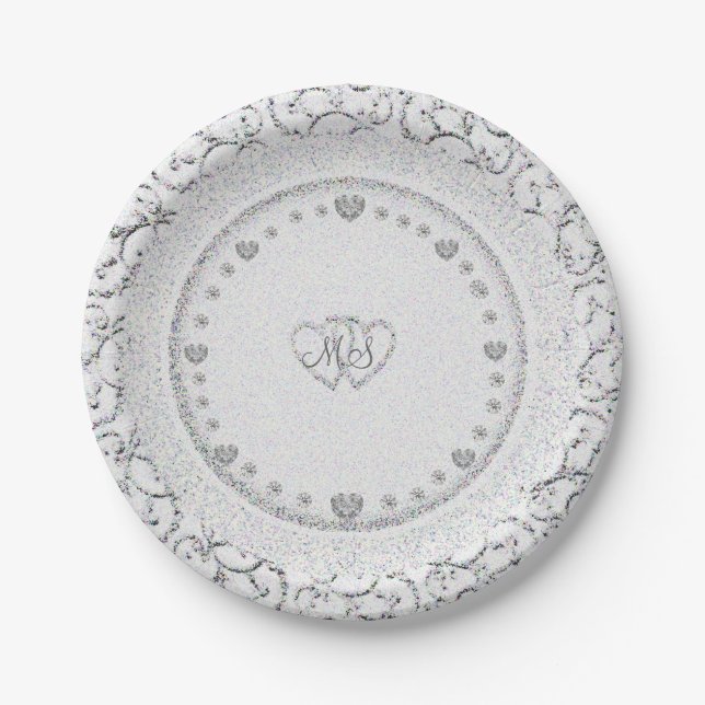 Glitter Hearts Monogram | Wedding Paper Plates (Front)