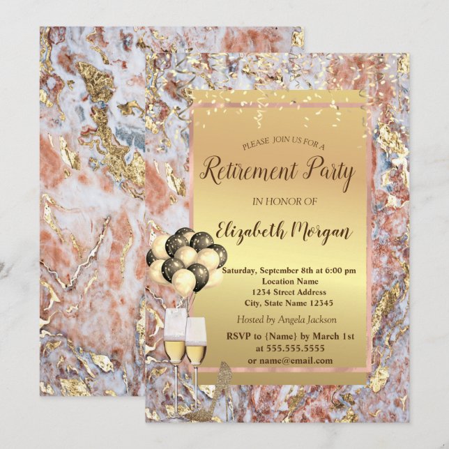 Glitter Heels,Ballons,Marble Retirement Party Invitation (Front/Back)