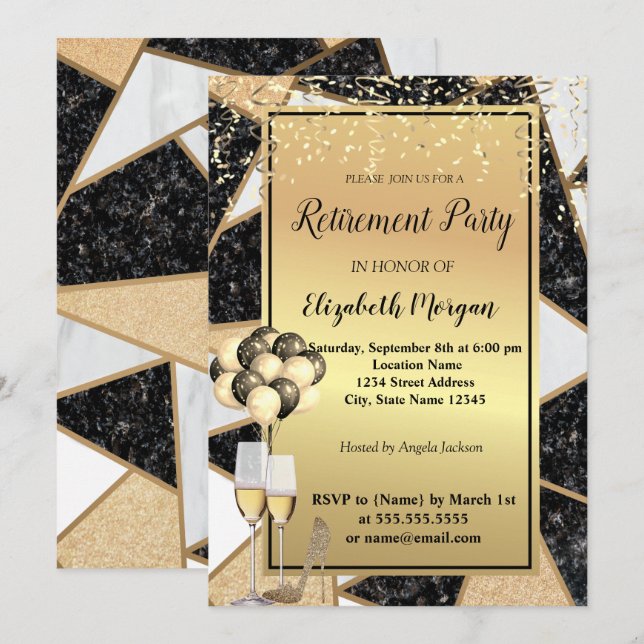 Glitter Heels,Ballons,Marble Retirement Party Invitation (Front/Back)