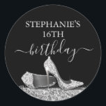 Glitter High Heel 16th Birthday Silver Favor  Classic Round Sticker<br><div class="desc">Elegant and Chic Modern Silver and Black 16th Birthday Personalized Envelope Seal or Favor Labels with Faux Glitter Silver High Heel Stiletto Shoes and custom name calligraphy script cursive in black and white.</div>