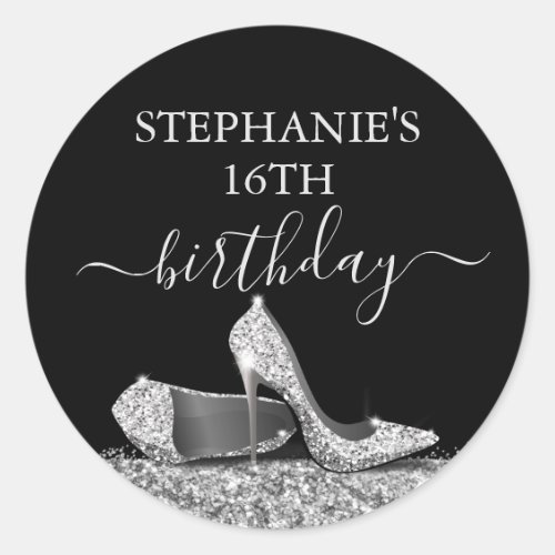 Glitter High Heel 16th Birthday Silver Favor  Classic Round Sticker