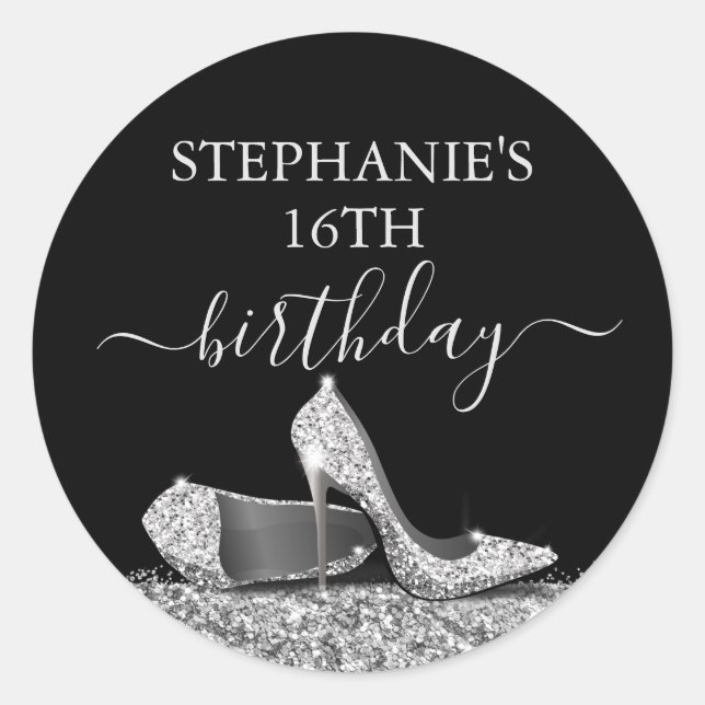 Glitter High Heel 16th Birthday Silver Favor  Classic Round Sticker (Front)