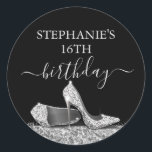 Glitter High Heel 16th Birthday Silver Favor  Classic Round Sticker<br><div class="desc">Elegant and Chic Modern Silver and Black 16th Birthday Personalized Envelope Seal or Favor Labels with Faux Glitter Silver High Heel Stiletto Shoes and custom name calligraphy script cursive in black and white.</div>