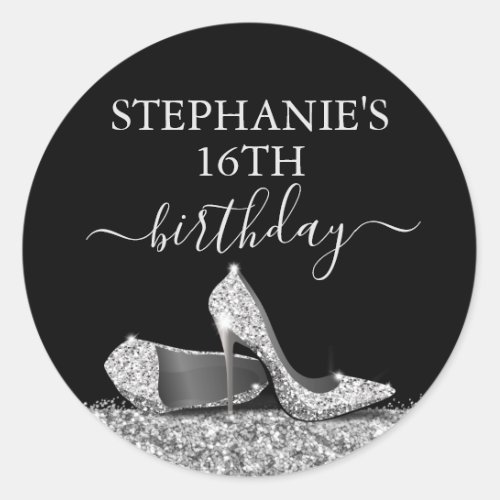 Glitter High Heel 16th Birthday Silver Favor  Classic Round Sticker