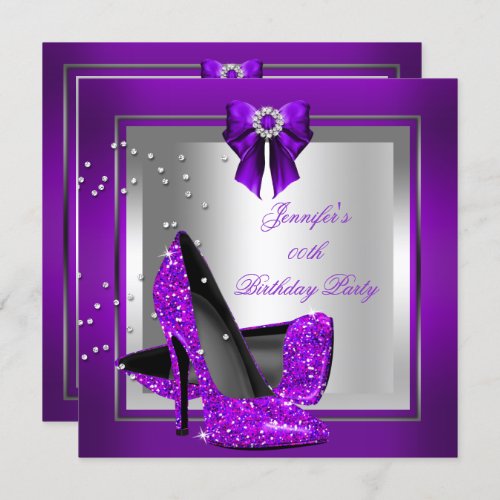 Glitter High Heel Shoe Silver Purple Birthday Invitation