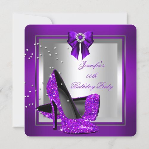 Glitter High Heel Shoe Silver Purple Birthday Invitation