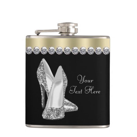 Glitter High Heel Shoes Black And Gold Hip Flask