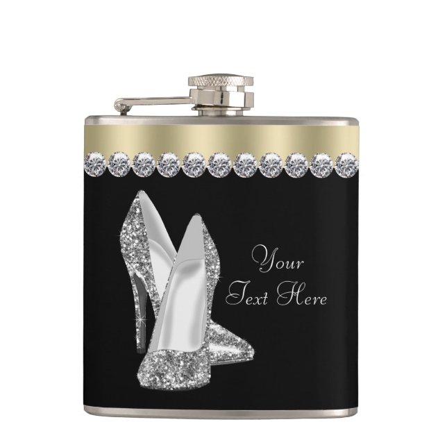 Glitter High Heel Shoes Black and Gold Hip Flask (Front)