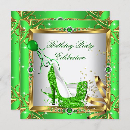 Glitter High Heel Shoes Lime Green Gold Party Invitation