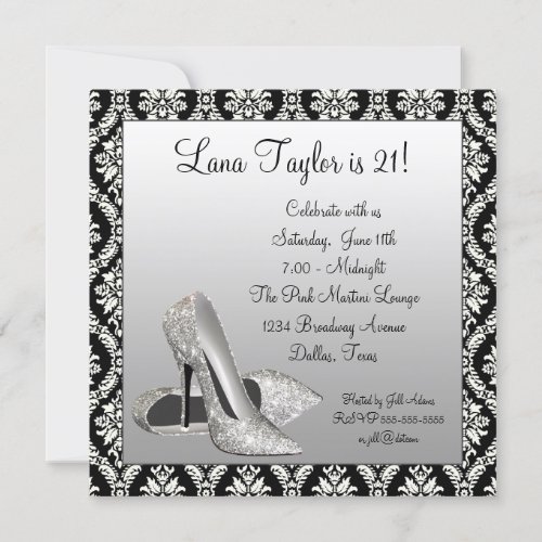 Glitter High Heels Black Damask Birthday Party Custom Announcements