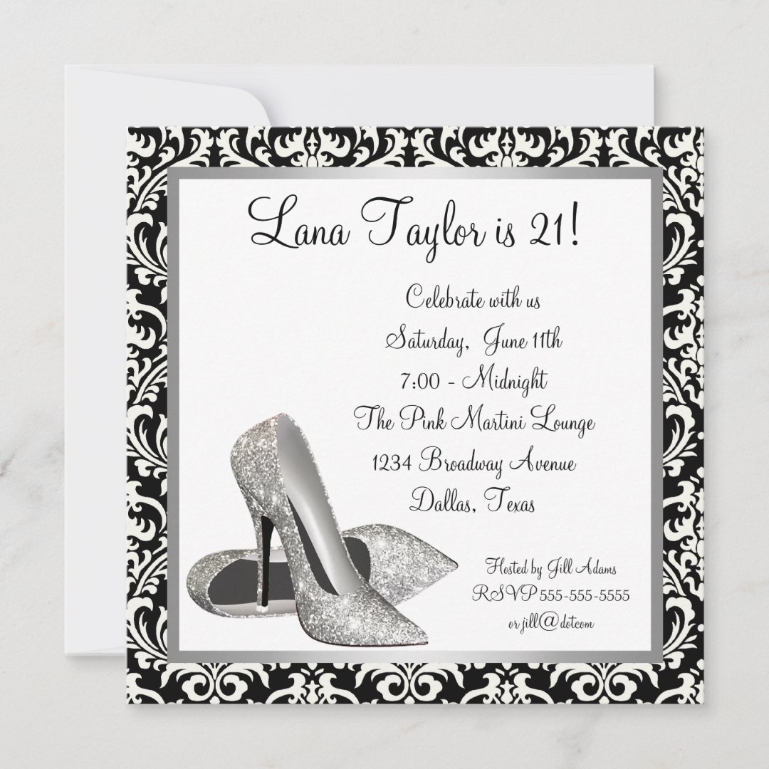 Glitter High Heels Black Damask Birthday Party Invitation Zazzle