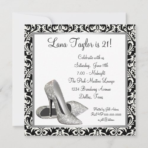 Glitter High Heels Black Damask Birthday Party Personalized Invites