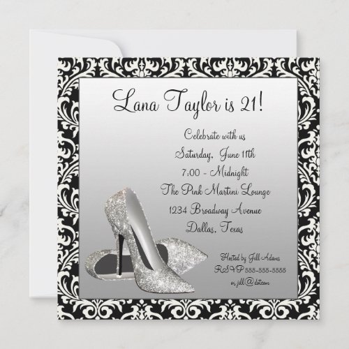 Glitter High Heels Black Damask Birthday Party Personalized Invitation