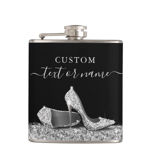 Glitter High Heels Black Silver Personalized Flask