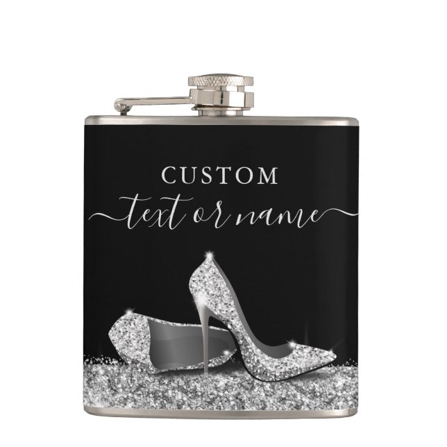 Glitter High Heels Black Silver Personalized Flask (Front)