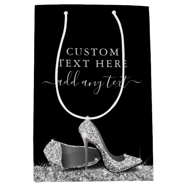 Glitter High Heels Black Silver Personalized Medium Gift Bag (Front)