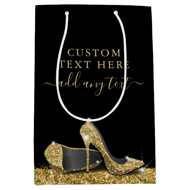 Glitter High Heels Gold Black Personalized Medium Gift Bag (Front)