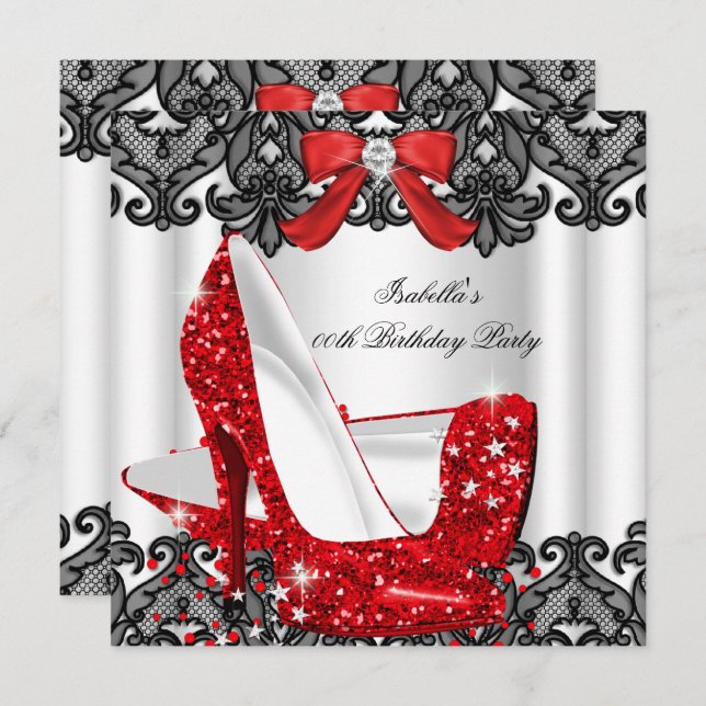 Glitter High Heels Red Lace Diamond Silver Party 3 Invitation (Front/Back)