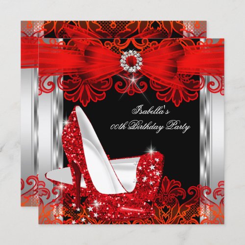 Glitter High Heels Red Lace Diamond Silver Party Invitation