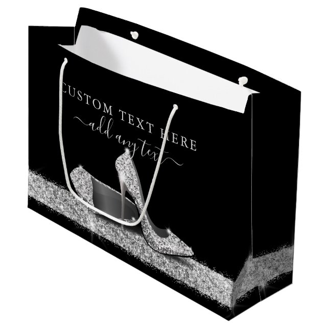 Glitter High Heels Silver Black Personalized Large Gift Bag (Front Angled)