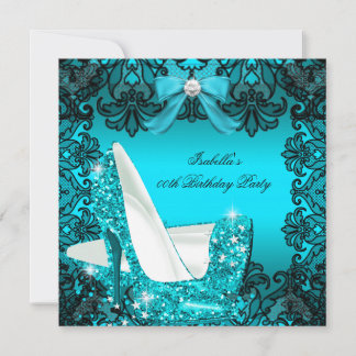 Glitter High Heels Teal Bow Black Lace Diamond Invitation