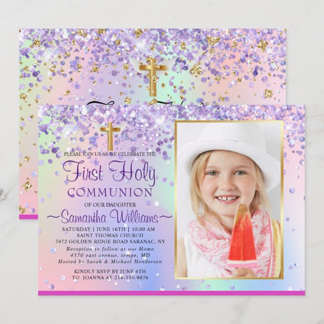 Glitter Holographic Photo First Communion  Invitation (Front/Back)