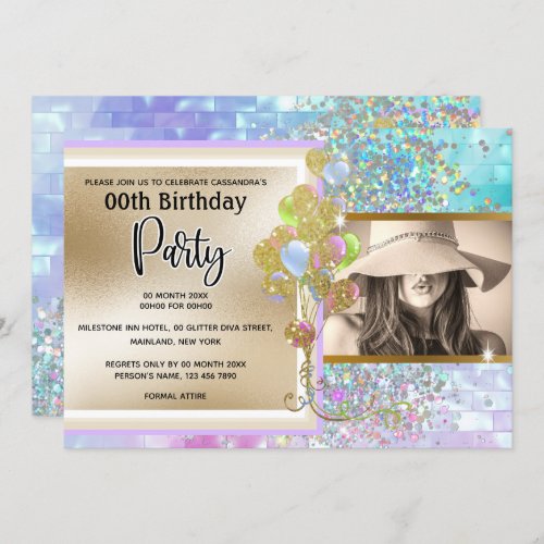 Glitter holographic pink gold confetti girls party invitation