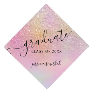 Glitter holographic rainbow typography graduate graduation cap topper