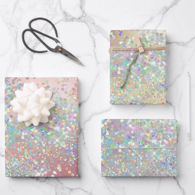 Glitter holographic rose pink gold silver sparkle wrapping paper sheets (Front)