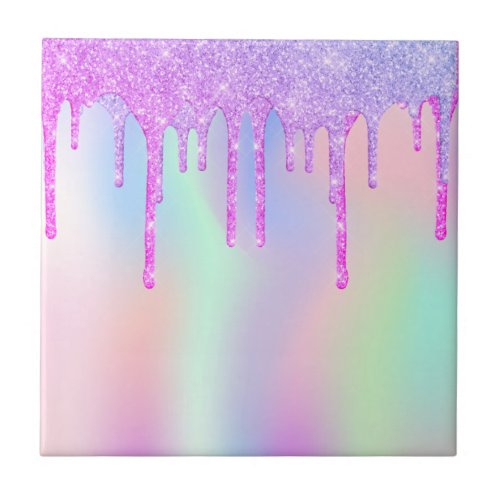 Glitter holographic unicorn rainbow colored pink ceramic tile