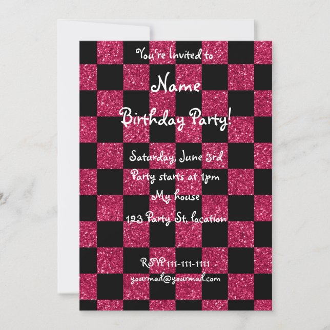 Glitter hot pink and black checkered pattern invitation (Front)