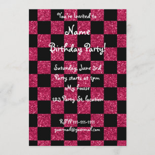 Glitter hot pink and black checkered pattern invitation
