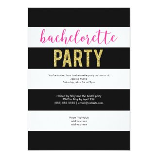 Glitter Hot Pink Black Stripes Bachelorette Party 5x7 Paper Invitation Card