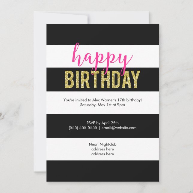 Glitter Hot Pink Black Stripes Birthday Party Invitation (Front)