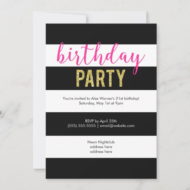 Glitter Hot Pink Black Stripes Birthday Party Invitation (Front)