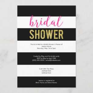 Glitter Hot Pink Black Stripes Bridal Shower Invitation