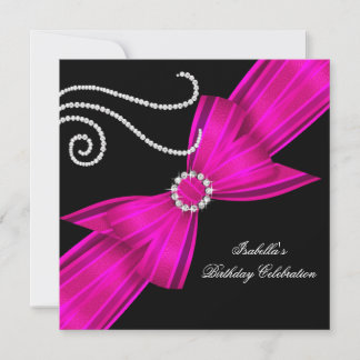 Glitter Hot Pink Diamond Bow Black Birthday Party Invitation