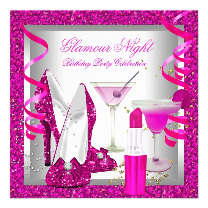 Glitter Hot Pink Glamour Night Martini Party Custom Invites