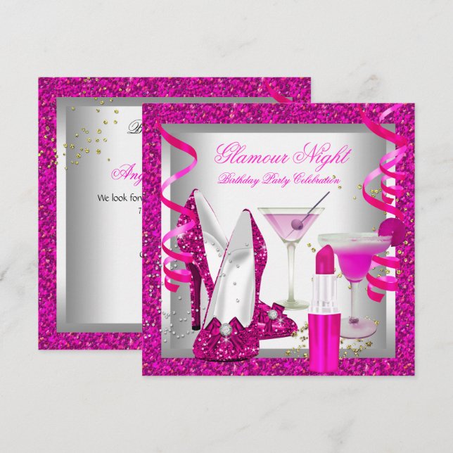 Glitter Hot Pink Glamour Night Martini Party Invitation (Front/Back)