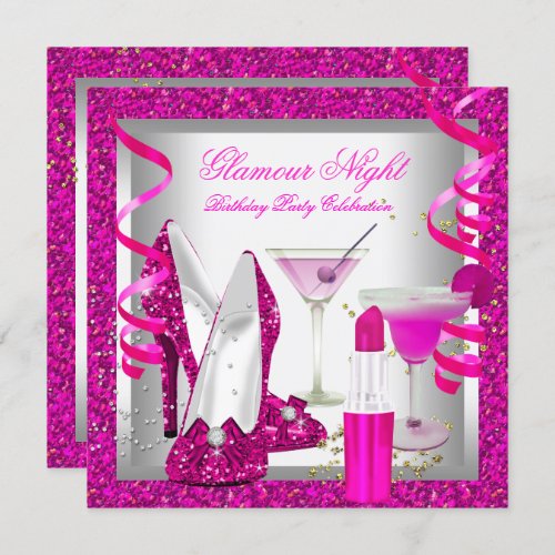 Glitter Hot Pink Glamour Night Martini Party Invitation