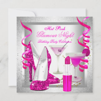 Glitter Hot Pink Glamour Night Martini Party Invitation